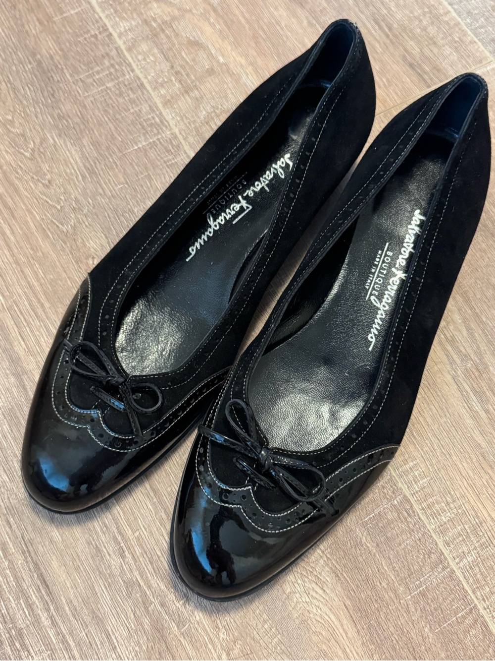 Salvatore Ferragamo Black Patent & Suede Wedge Ballet Flats with Bow